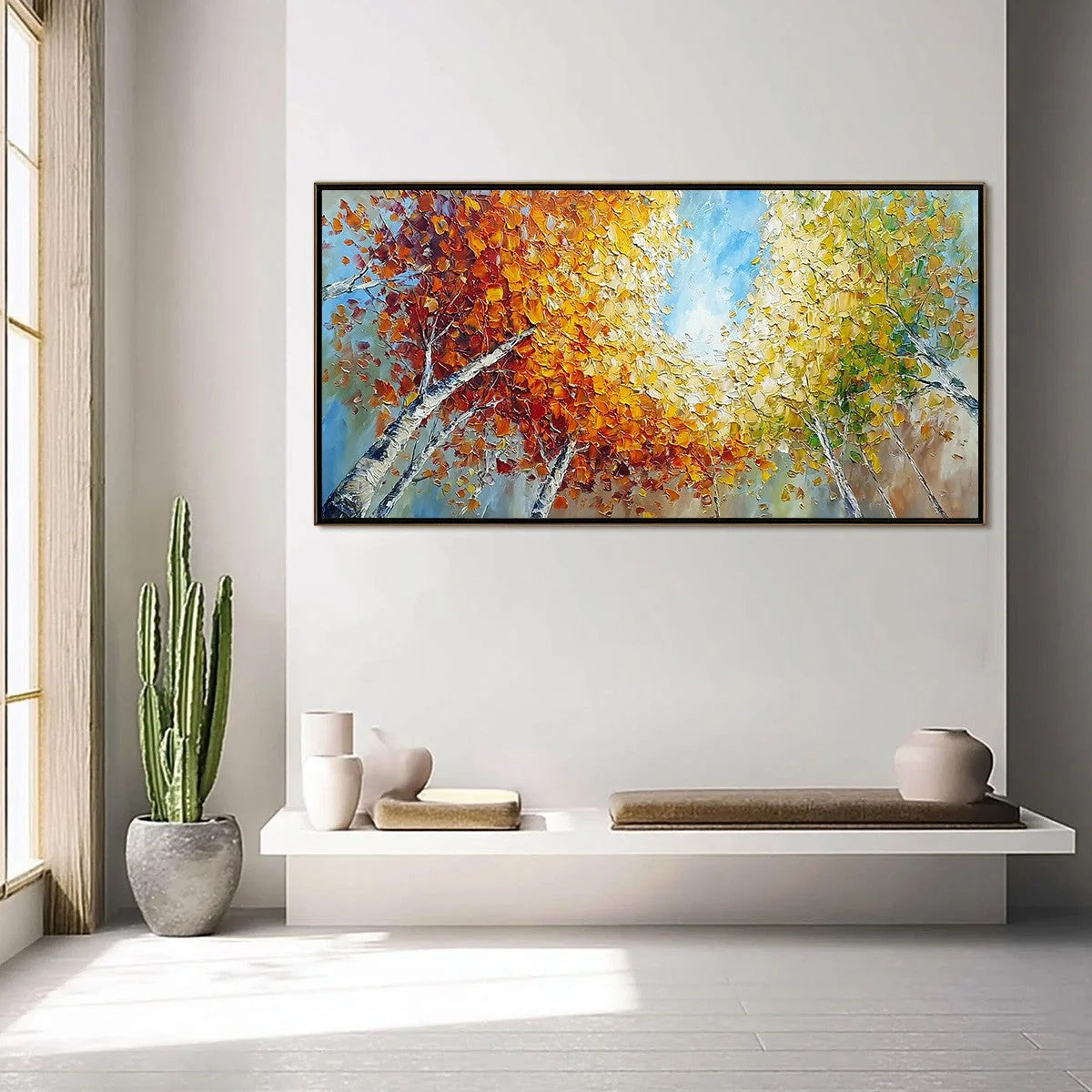 Autumn's Gaze Palette Knife Forest Landscape Oil Painting | gold frame stretched on neutral wall