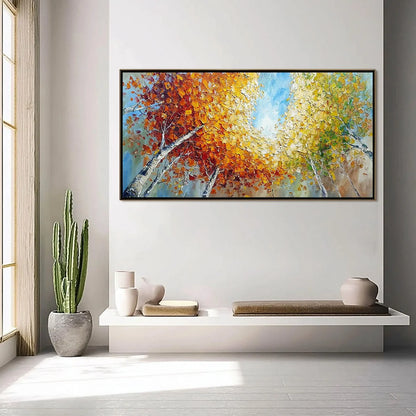 Autumn's Gaze Palette Knife Forest Landscape Oil Painting | gold frame stretched on neutral wall
