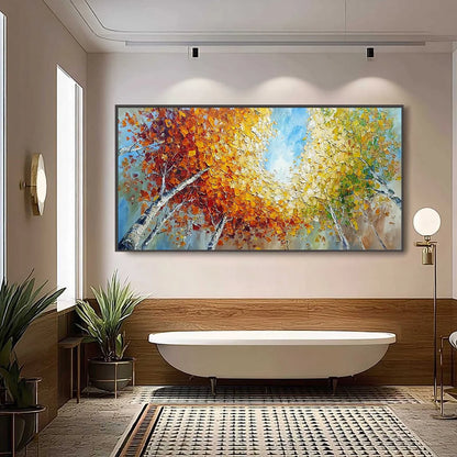 Autumn's Gaze Palette Knife Forest Landscape Oil Painting | black frame version on white wall