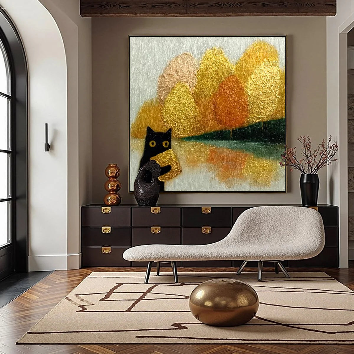 AUTUMN'S TREASURE: Whimsical Textured Gold Leaf Cat Painting | textured closeup, raised brushwork detail