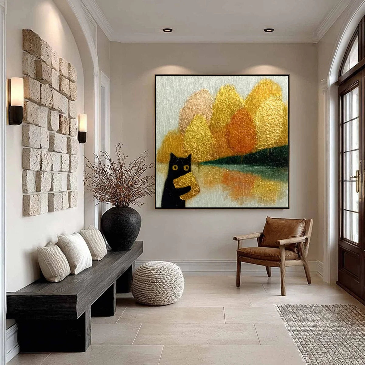 AUTUMN'S TREASURE: Whimsical Textured Gold Leaf Cat Painting | gold frame stretched on neutral wall