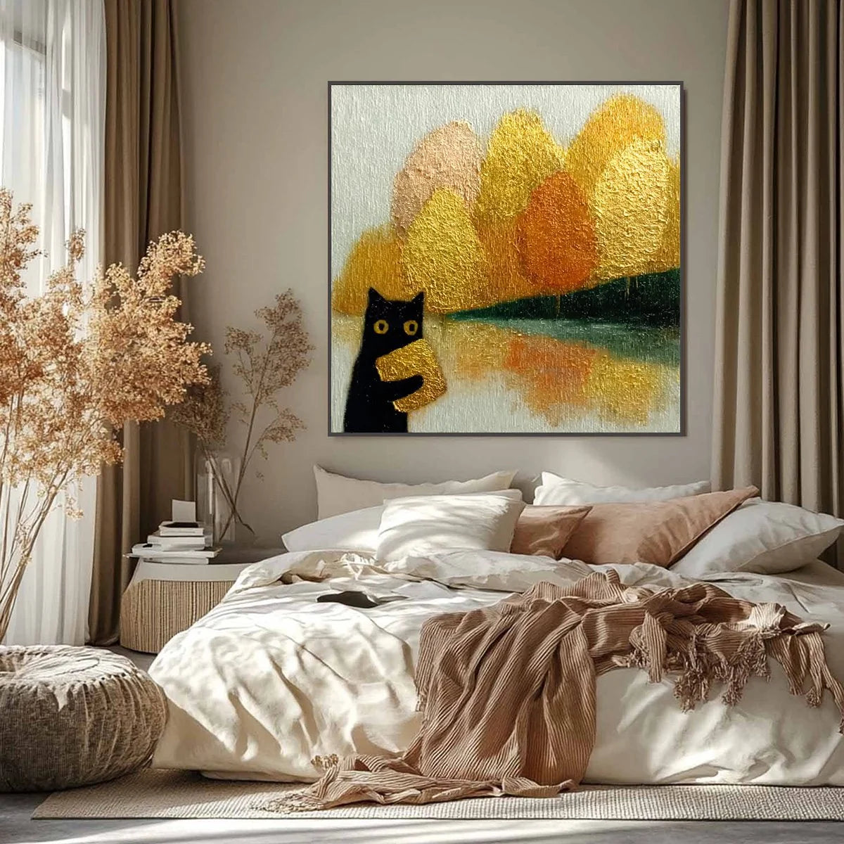 AUTUMN'S TREASURE: Whimsical Textured Gold Leaf Cat Painting | black frame version on white wall
