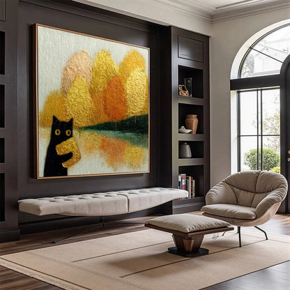 AUTUMN'S TREASURE: Whimsical Textured Gold Leaf Cat Painting | textured mood, soft natural light studio shot
