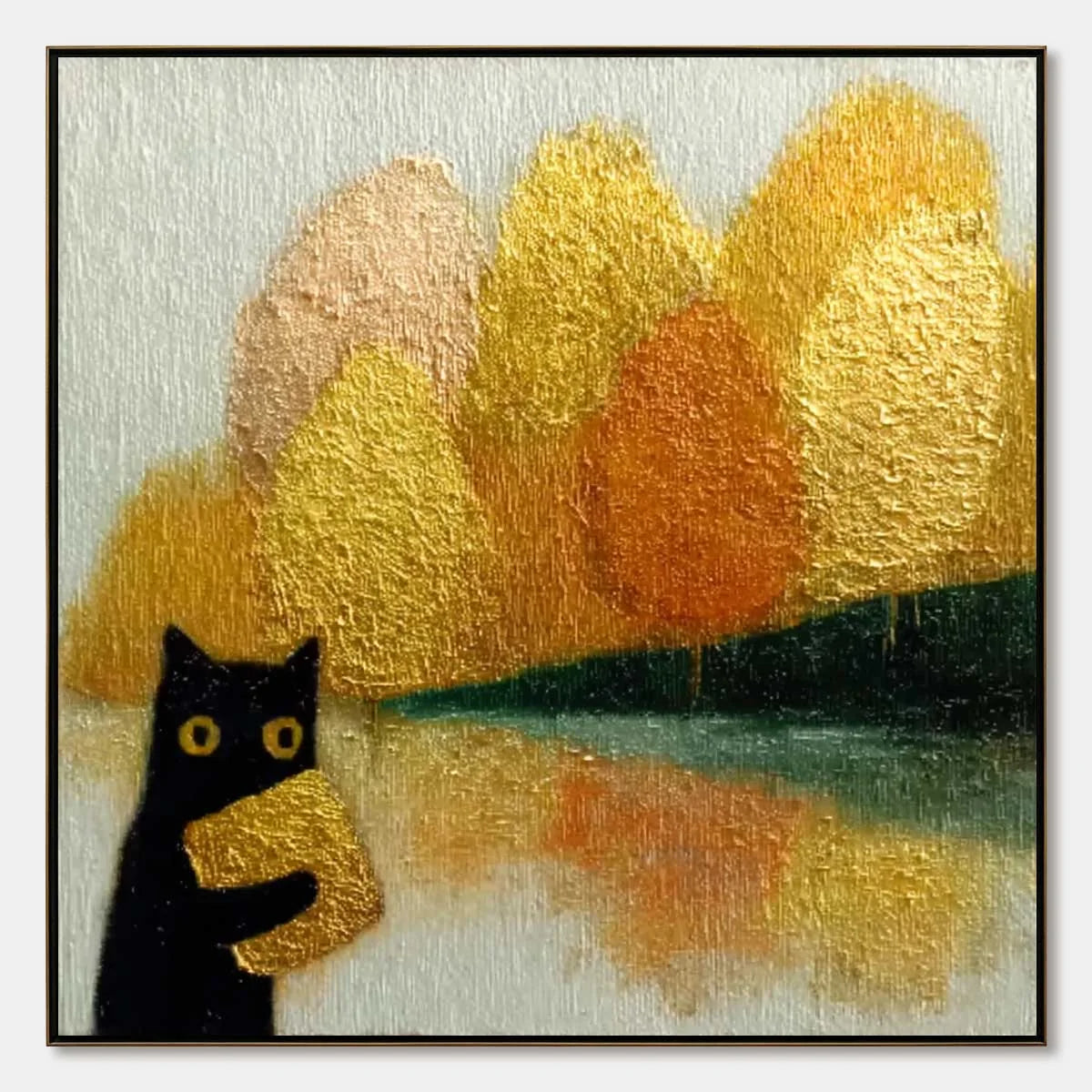 AUTUMN'S TREASURE: Whimsical Textured Gold Leaf Cat Painting | hanging in living room, textured wall art