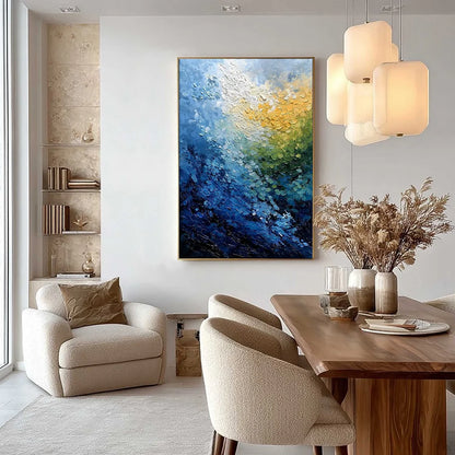 AVALON: Vertical Textured Abstract Seascape Oil Painting | gold frame stretched on neutral wall