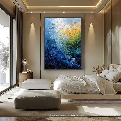 AVALON: Vertical Textured Abstract Seascape Oil Painting | black frame version on white wall