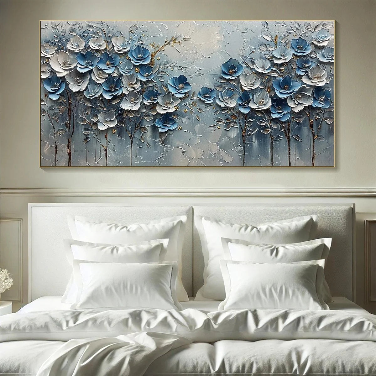AZURE BLOSSOMS: Textured Blue and Gold Floral Oil Painting | textured closeup, raised brushwork detail