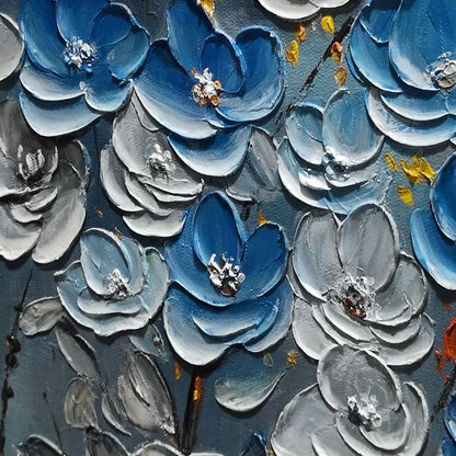 AZURE BLOSSOMS: Textured Blue and Gold Floral Oil Painting | rectangular format, hand-painted canvas edge