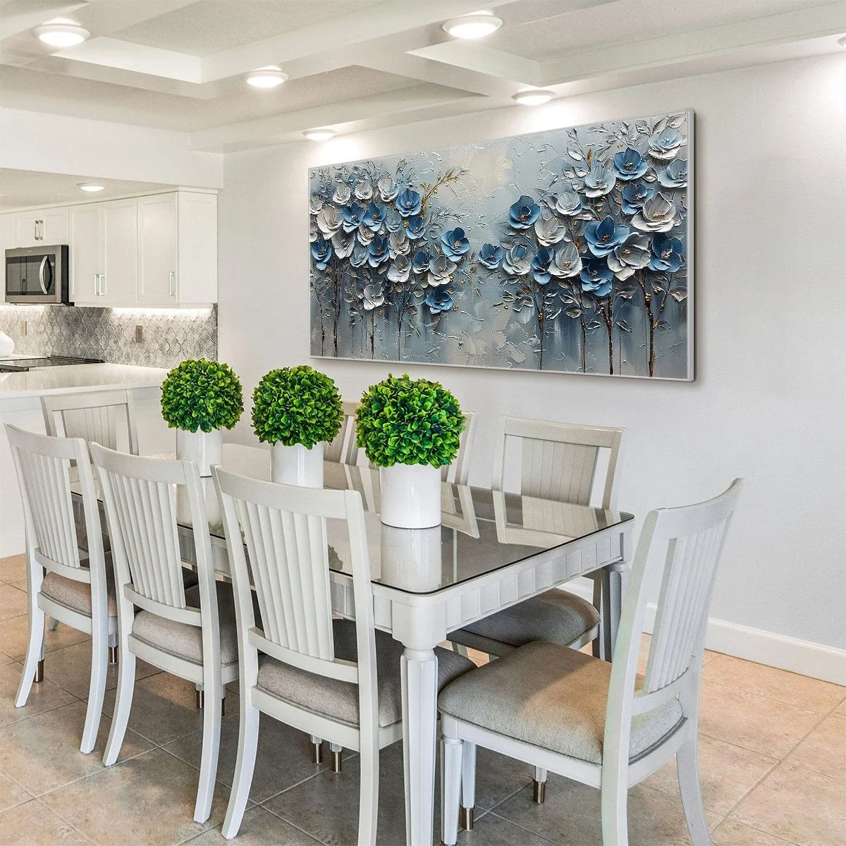 AZURE BLOSSOMS: Textured Blue and Gold Floral Oil Painting | gold frame stretched on neutral wall