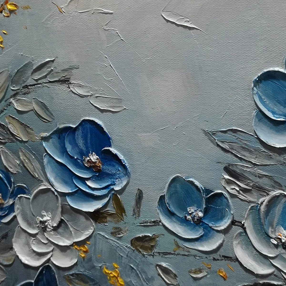 AZURE BLOSSOMS: Textured Blue and Gold Floral Oil Painting | rolled canvas, ready for custom framing