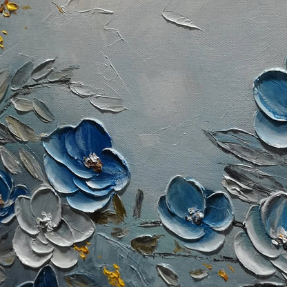 AZURE BLOSSOMS: Textured Blue and Gold Floral Oil Painting | rolled canvas, ready for custom framing
