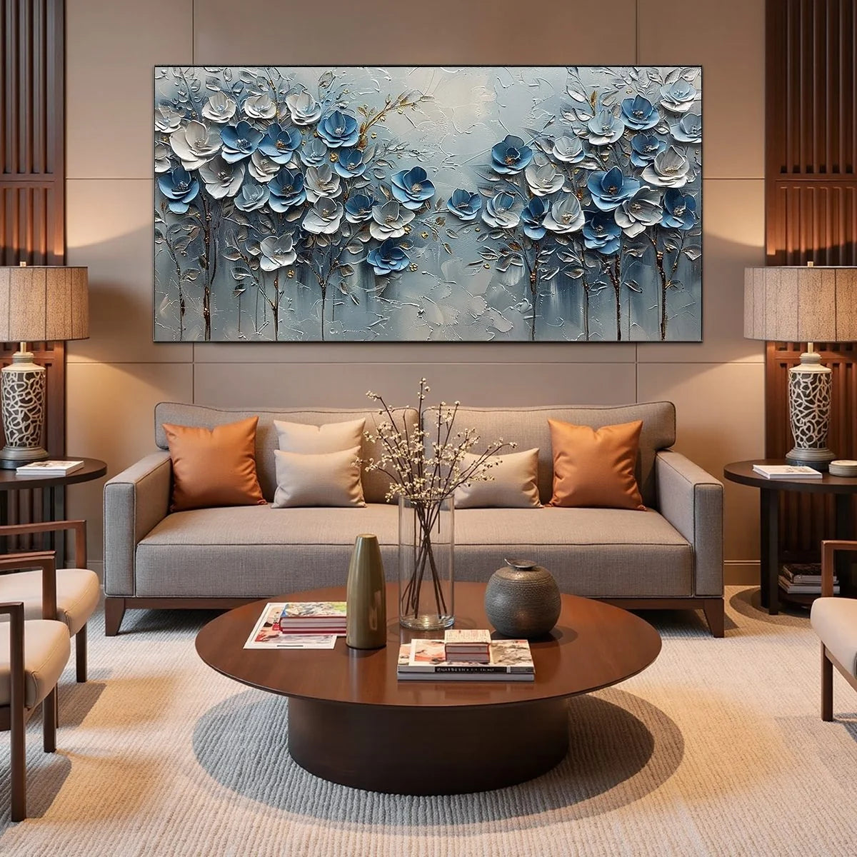 AZURE BLOSSOMS: Textured Blue and Gold Floral Oil Painting | black frame version on white wall