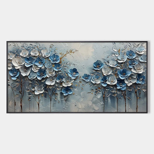 AZURE BLOSSOMS: Textured Blue and Gold Floral Oil Painting | hanging in living room, textured wall art