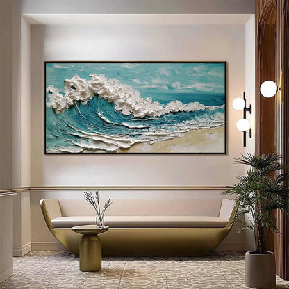 AZURE CREST: Heavily Textured Impasto Ocean Wave Oil Painting | impasto closeup, raised brushwork detail