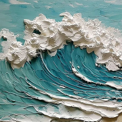 AZURE CREST: Heavily Textured Impasto Ocean Wave Oil Painting | rectangular format, hand-painted canvas edge