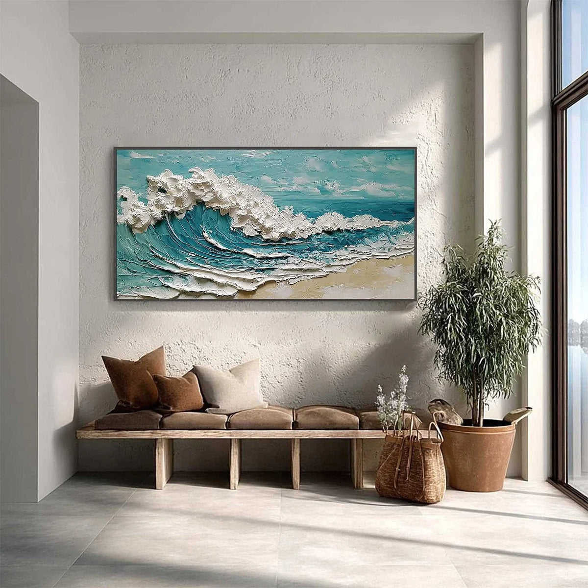 AZURE CREST: Heavily Textured Impasto Ocean Wave Oil Painting | gold frame stretched on neutral wall