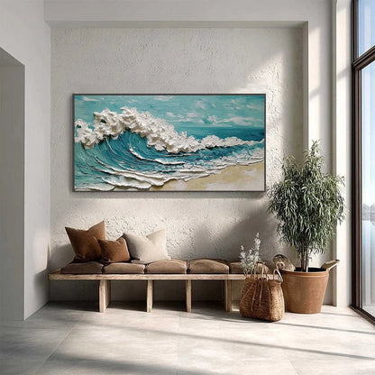 AZURE CREST: Heavily Textured Impasto Ocean Wave Oil Painting | gold frame stretched on neutral wall