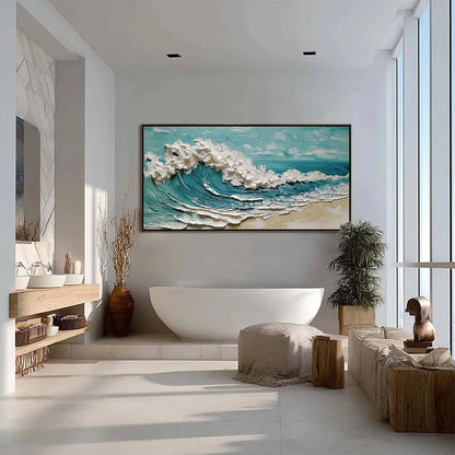 AZURE CREST: Heavily Textured Impasto Ocean Wave Oil Painting | black frame version on white wall