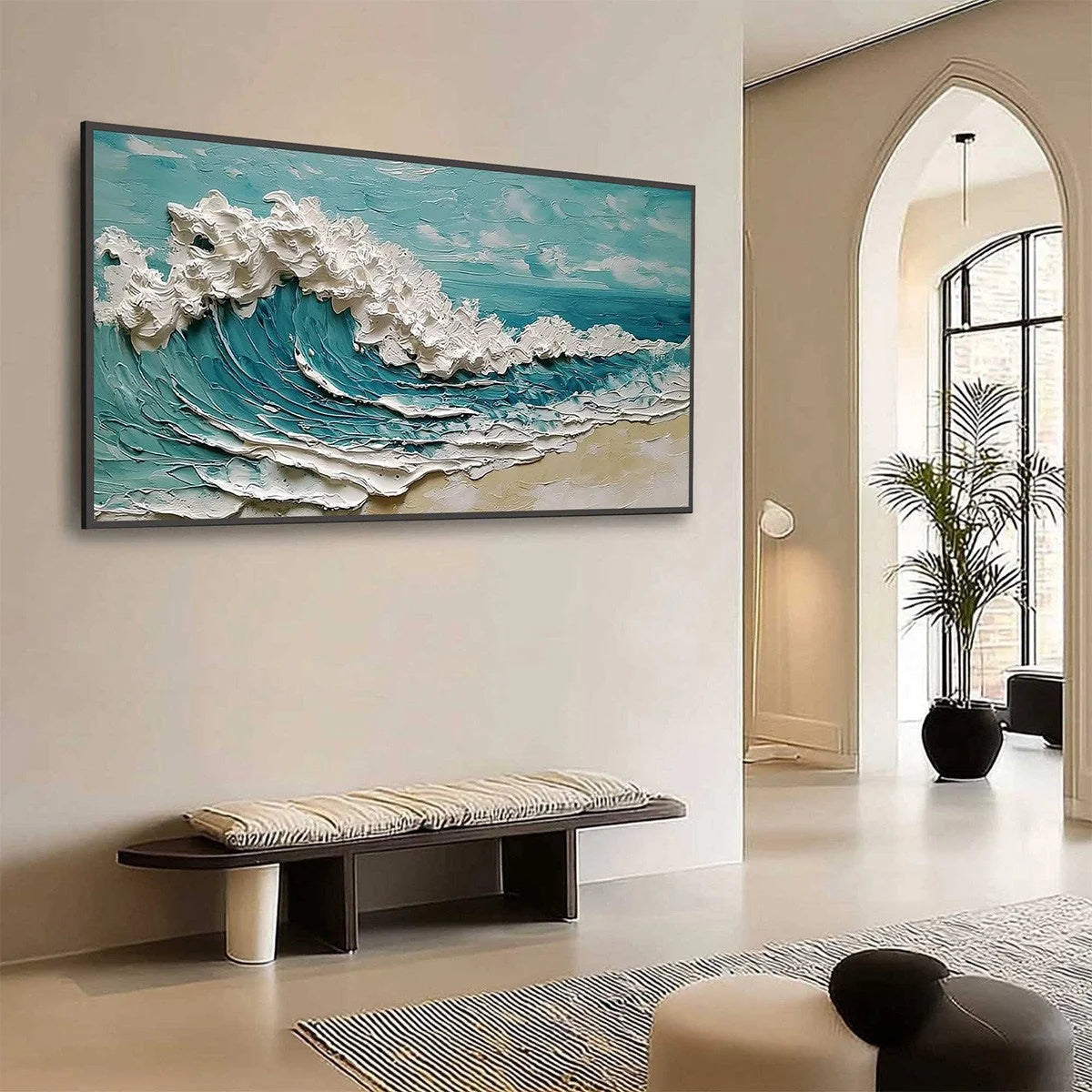 AZURE CREST: Heavily Textured Impasto Ocean Wave Oil Painting | impasto mood, soft natural light studio shot