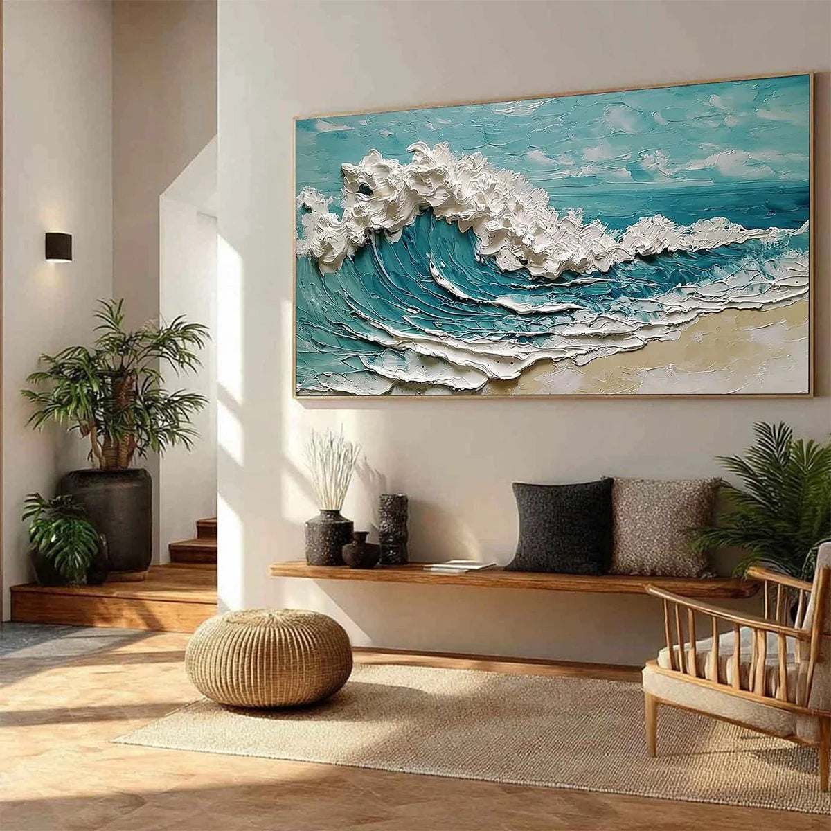 AZURE CREST: Heavily Textured Impasto Ocean Wave Oil Painting | blue palette, original dining room art