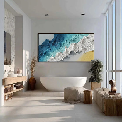 AZURE CREST: Heavy Texture Abstract Seascape Painting | gold frame stretched on neutral wall