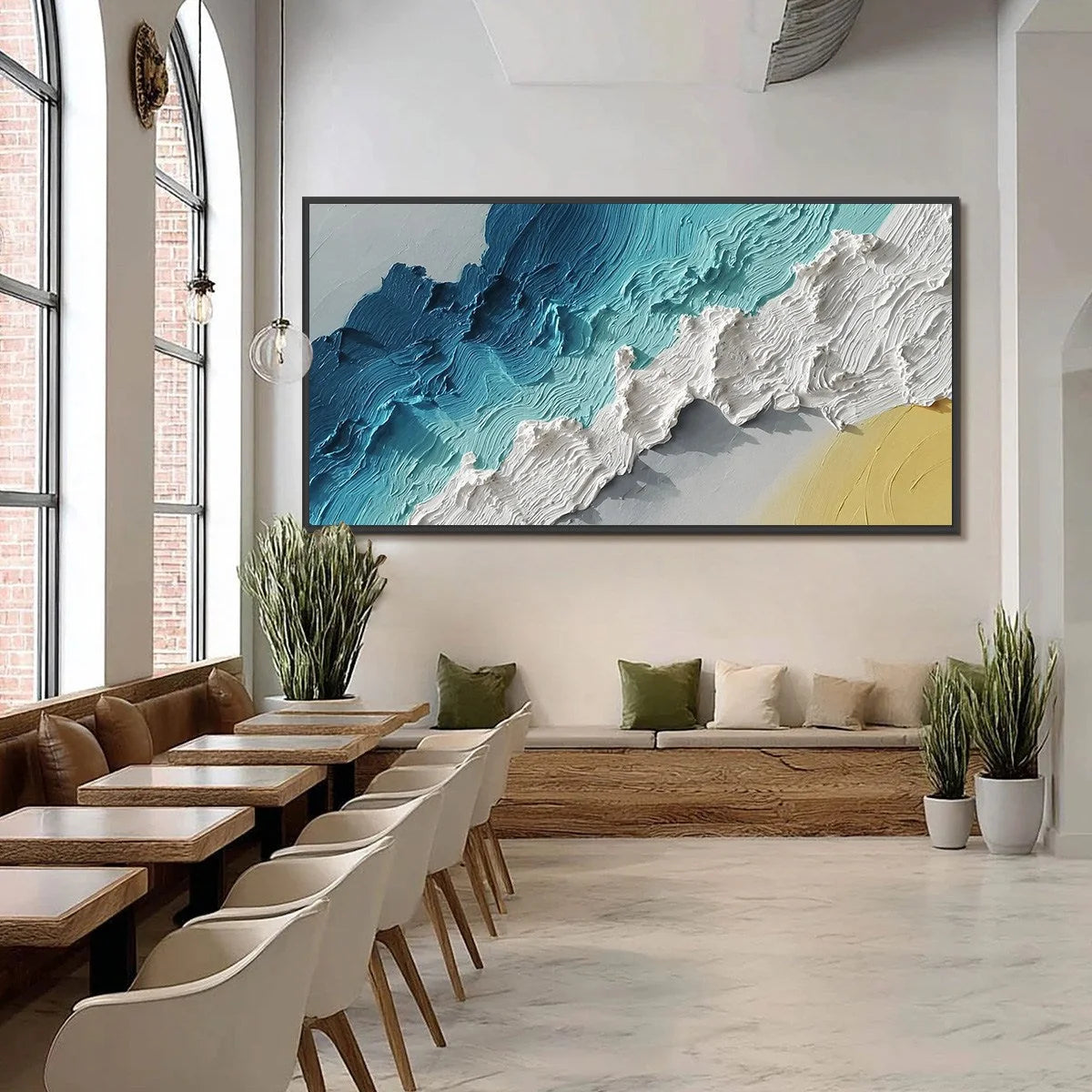 AZURE CREST: Heavy Texture Abstract Seascape Painting | black frame version on white wall