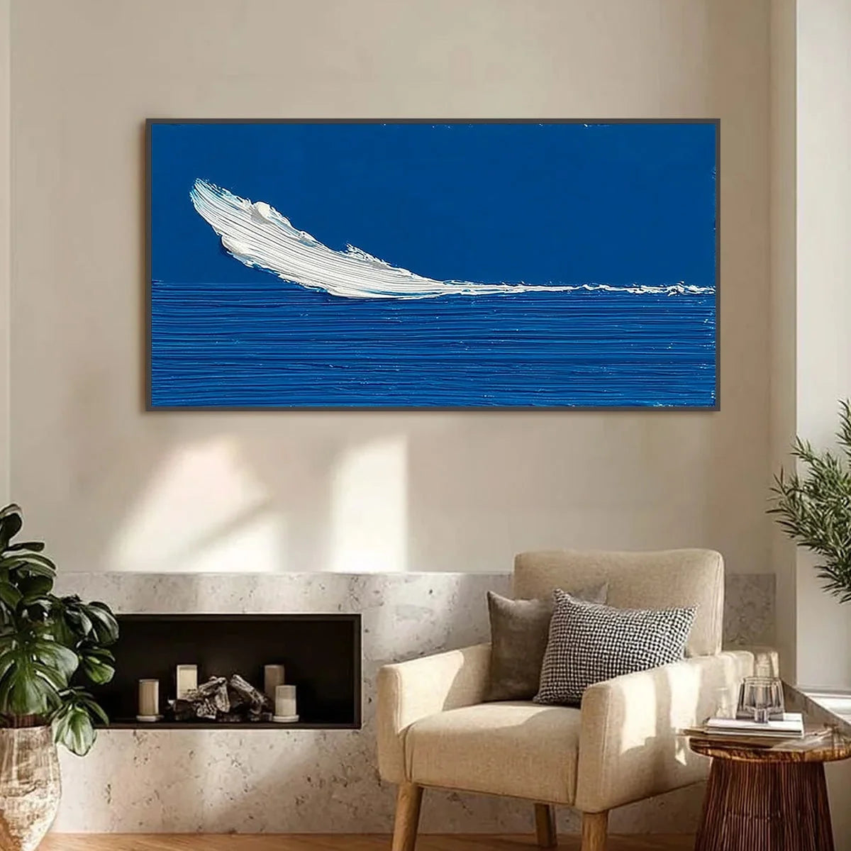 AZURE CREST: Minimalist Abstract Seascape Impasto Oil Painting | Minimalist closeup, raised brushwork detail