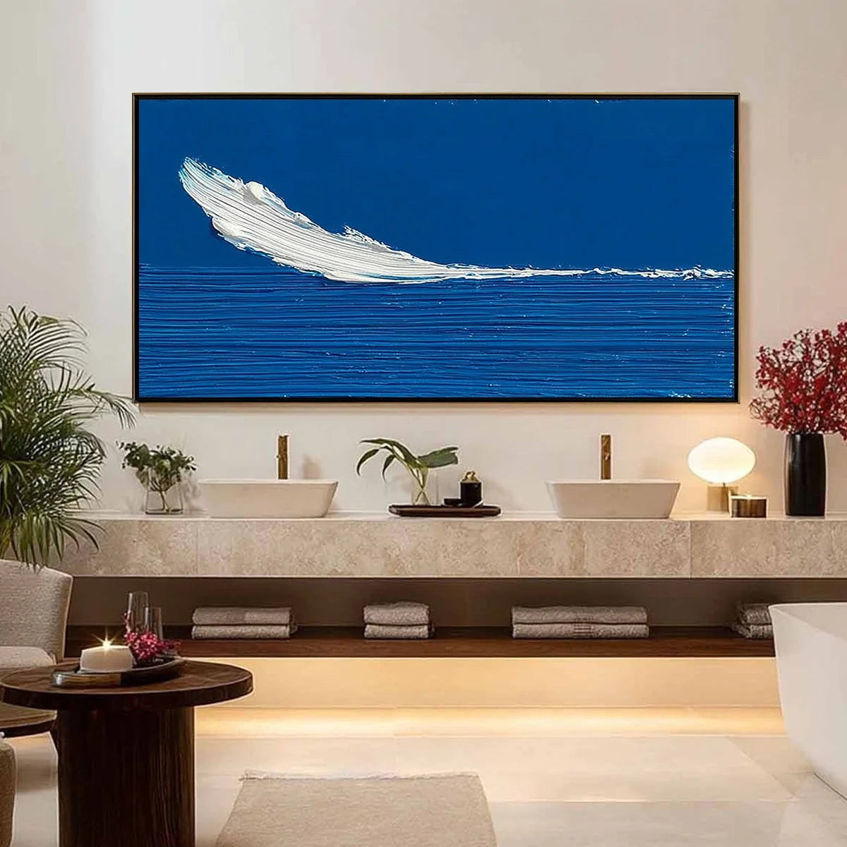 AZURE CREST: Minimalist Abstract Seascape Impasto Oil Painting | gold frame stretched on neutral wall