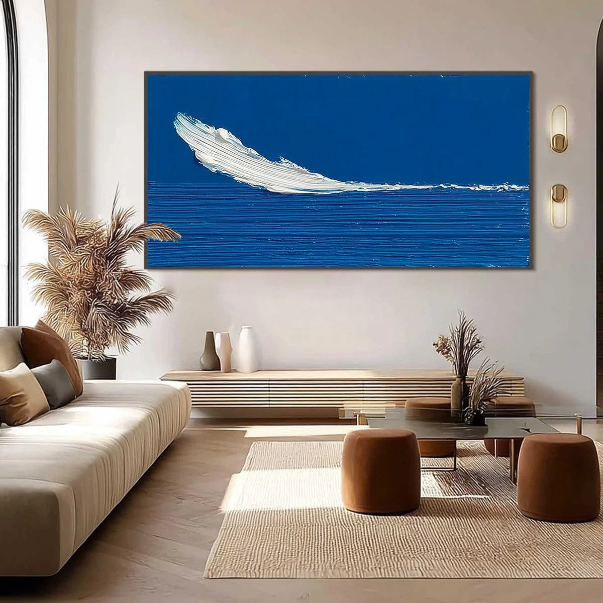 AZURE CREST: Minimalist Abstract Seascape Impasto Oil Painting | black frame version on white wall