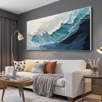AZURE CREST: Ocean Waves Abstract Impasto Oil Painting | gold frame stretched on neutral wall