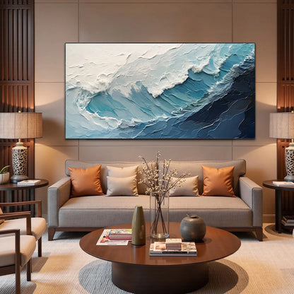 AZURE CREST: Ocean Waves Abstract Impasto Oil Painting | rolled canvas, ready for custom framing
