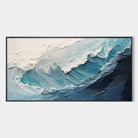 AZURE CREST: Ocean Waves Abstract Impasto Oil Painting | hanging in living room, impasto wall art