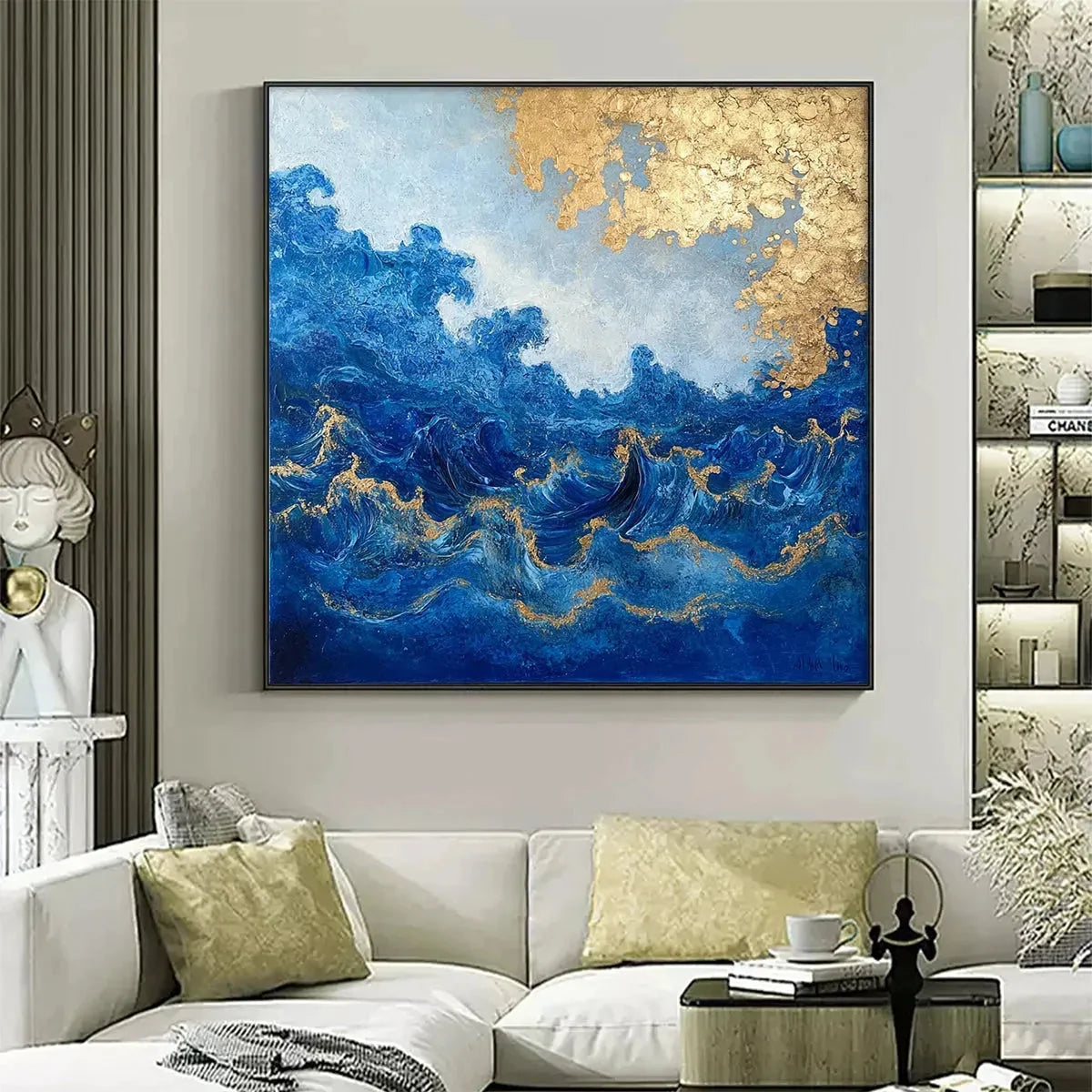 AZURE CREST: Square Abstract Ocean Waves Oil Painting with Gold Leaf | Abstract closeup, raised brushwork detail