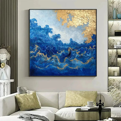 AZURE CREST: Square Abstract Ocean Waves Oil Painting with Gold Leaf | Abstract closeup, raised brushwork detail
