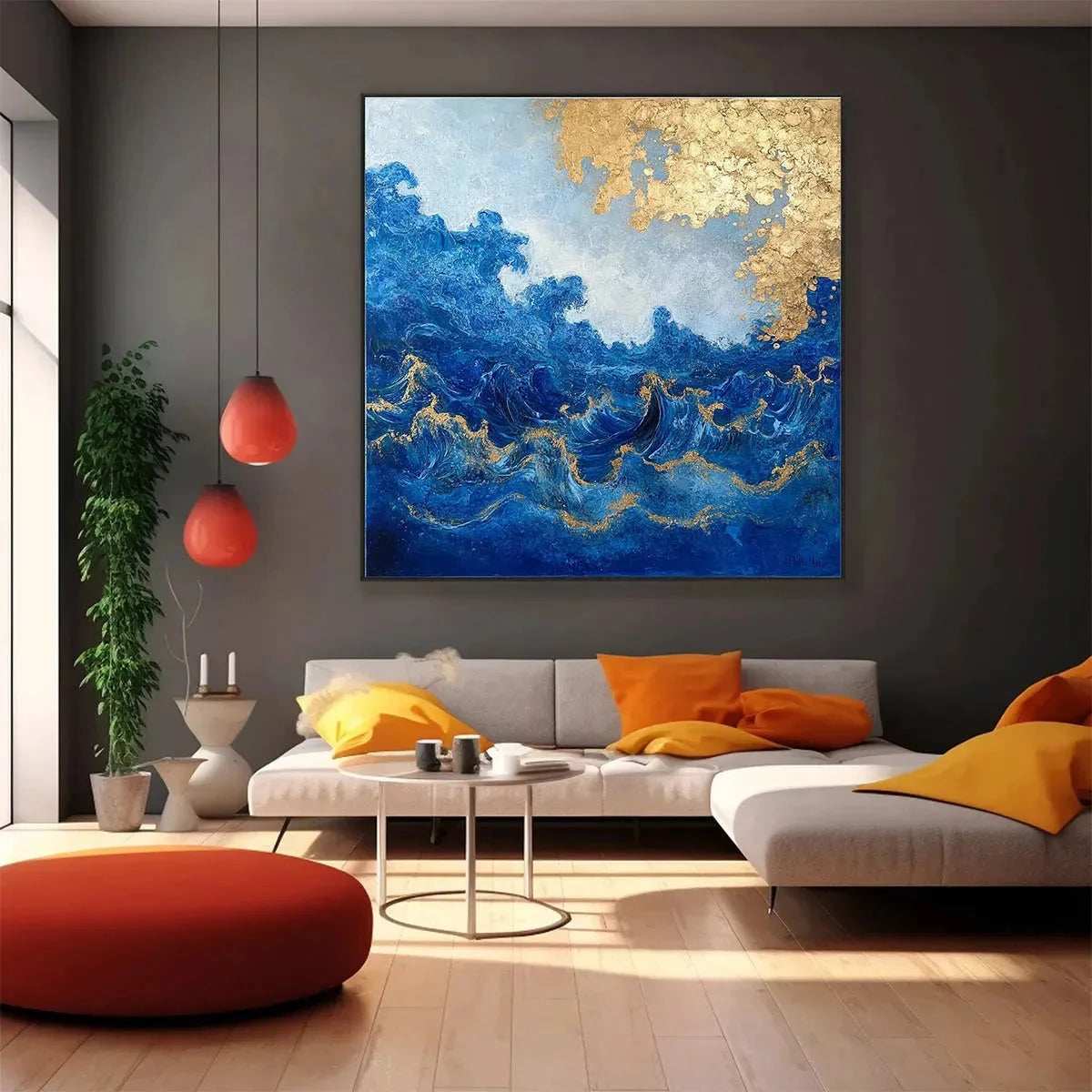 AZURE CREST: Square Abstract Ocean Waves Oil Painting with Gold Leaf | gold frame stretched on neutral wall