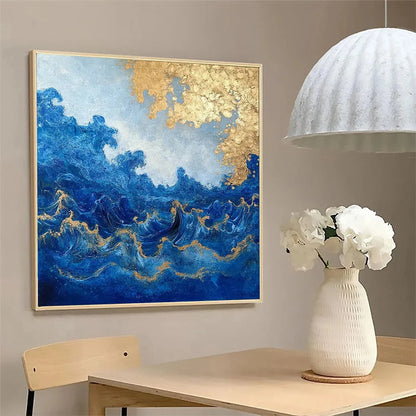 AZURE CREST: Square Abstract Ocean Waves Oil Painting with Gold Leaf | rolled canvas, ready for custom framing
