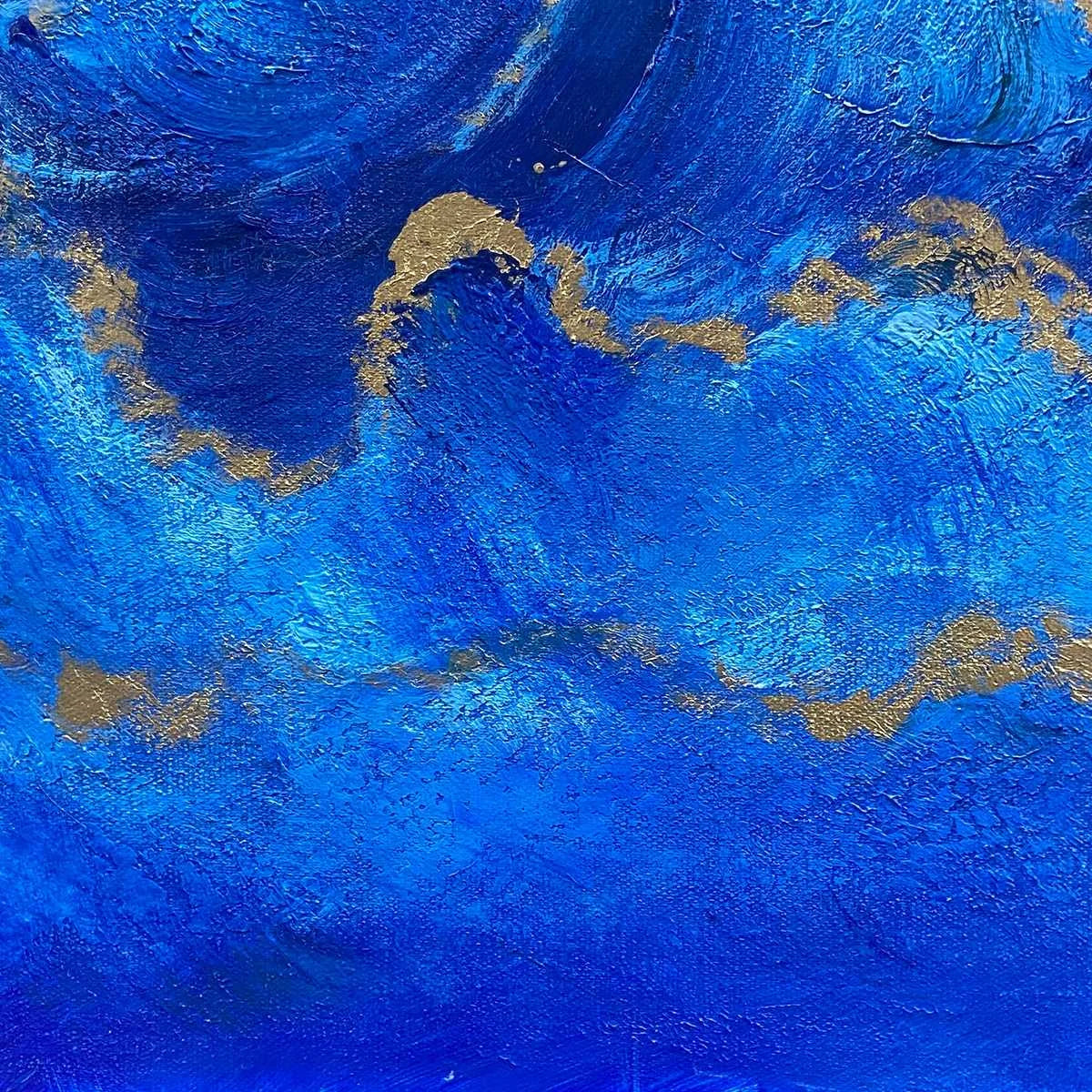 AZURE CREST: Square Abstract Ocean Waves Oil Painting with Gold Leaf | black frame version on white wall