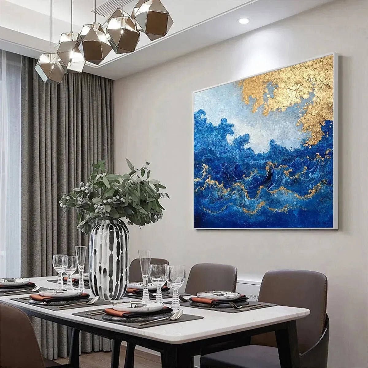 AZURE CREST: Square Abstract Ocean Waves Oil Painting with Gold Leaf | Abstract mood, soft natural light studio shot