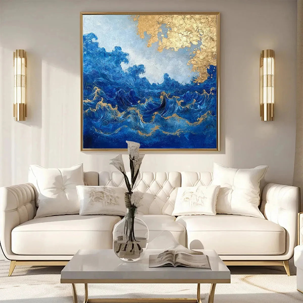 AZURE CREST: Square Abstract Ocean Waves Oil Painting with Gold Leaf | blue palette, original Hand-painted on premium stretched canvas using artist-grade oil paints; thick palette-knife texture cre...