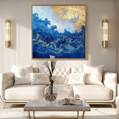 AZURE CREST: Square Abstract Ocean Waves Oil Painting with Gold Leaf | blue palette, original Hand-painted on premium stretched canvas using artist-grade oil paints; thick palette-knife texture cre...