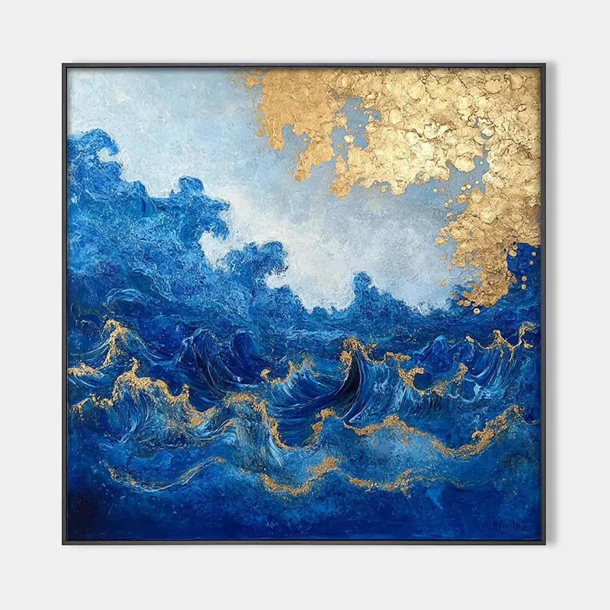 AZURE CREST: Square Abstract Ocean Waves Oil Painting with Gold Leaf | hanging in Square-format textured impasto oil painting capturing ocean waves in layered blue and turquoise tones with hand-app...