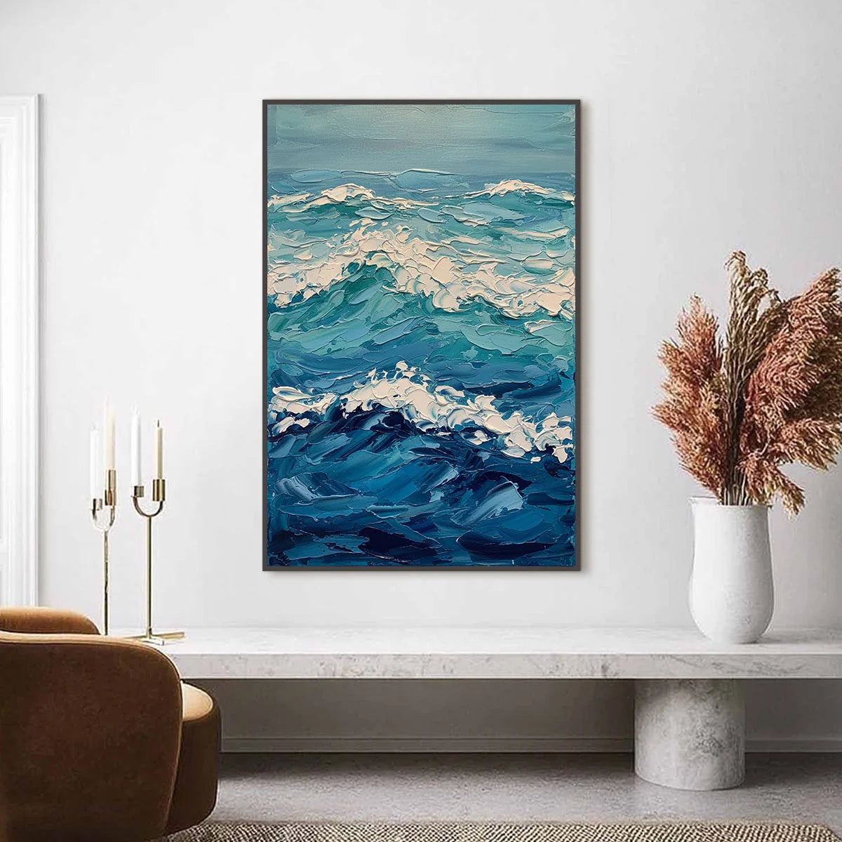 AZURE CREST: Textured Impasto Ocean Wave Wall Art | Abstract closeup, raised brushwork detail