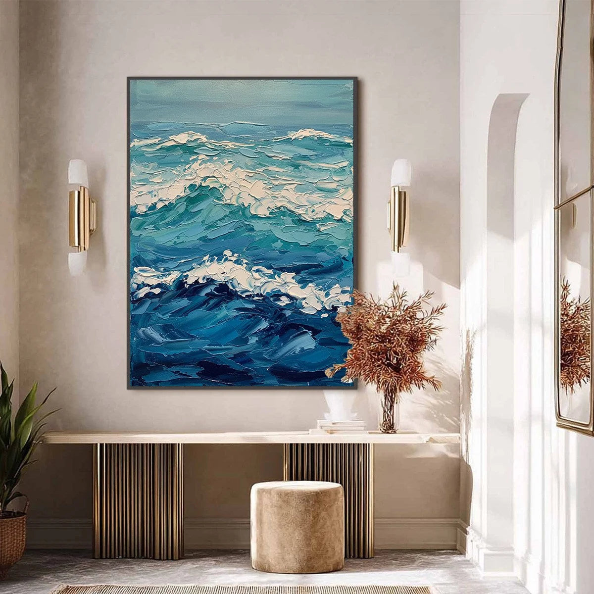 AZURE CREST: Textured Impasto Ocean Wave Wall Art | gold frame stretched on neutral wall