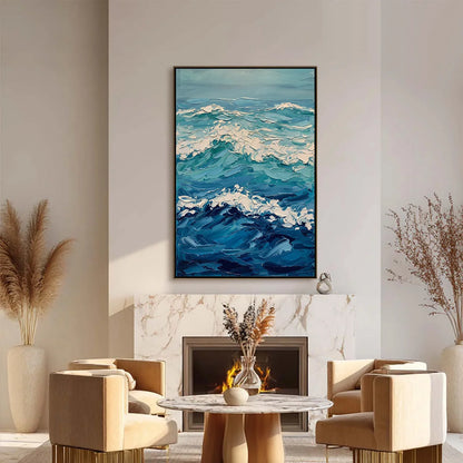 AZURE CREST: Textured Impasto Ocean Wave Wall Art | black frame version on white wall