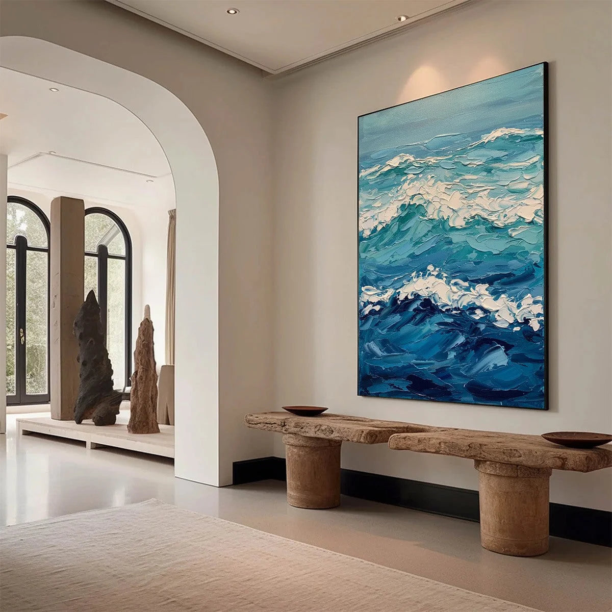 AZURE CREST: Textured Impasto Ocean Wave Wall Art | Abstract mood, soft natural light studio shot