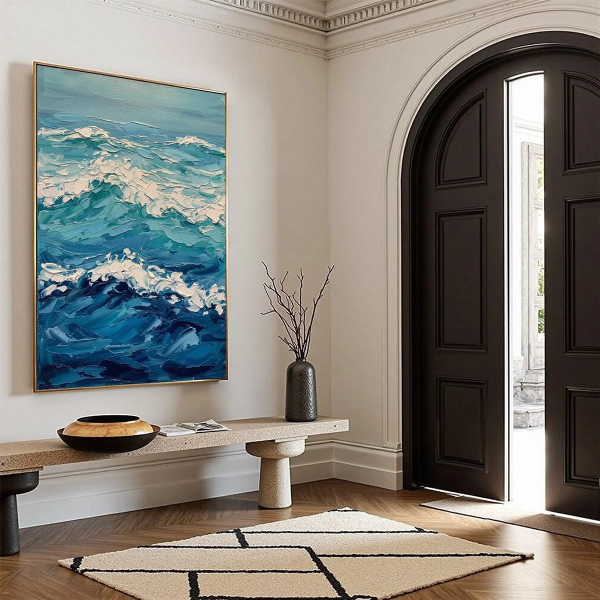AZURE CREST: Textured Impasto Ocean Wave Wall Art | blue palette, original Hand-painted on premium stretched canvas with artist-grade oils; thick layered surface mimics sea foam and light glinting ...
