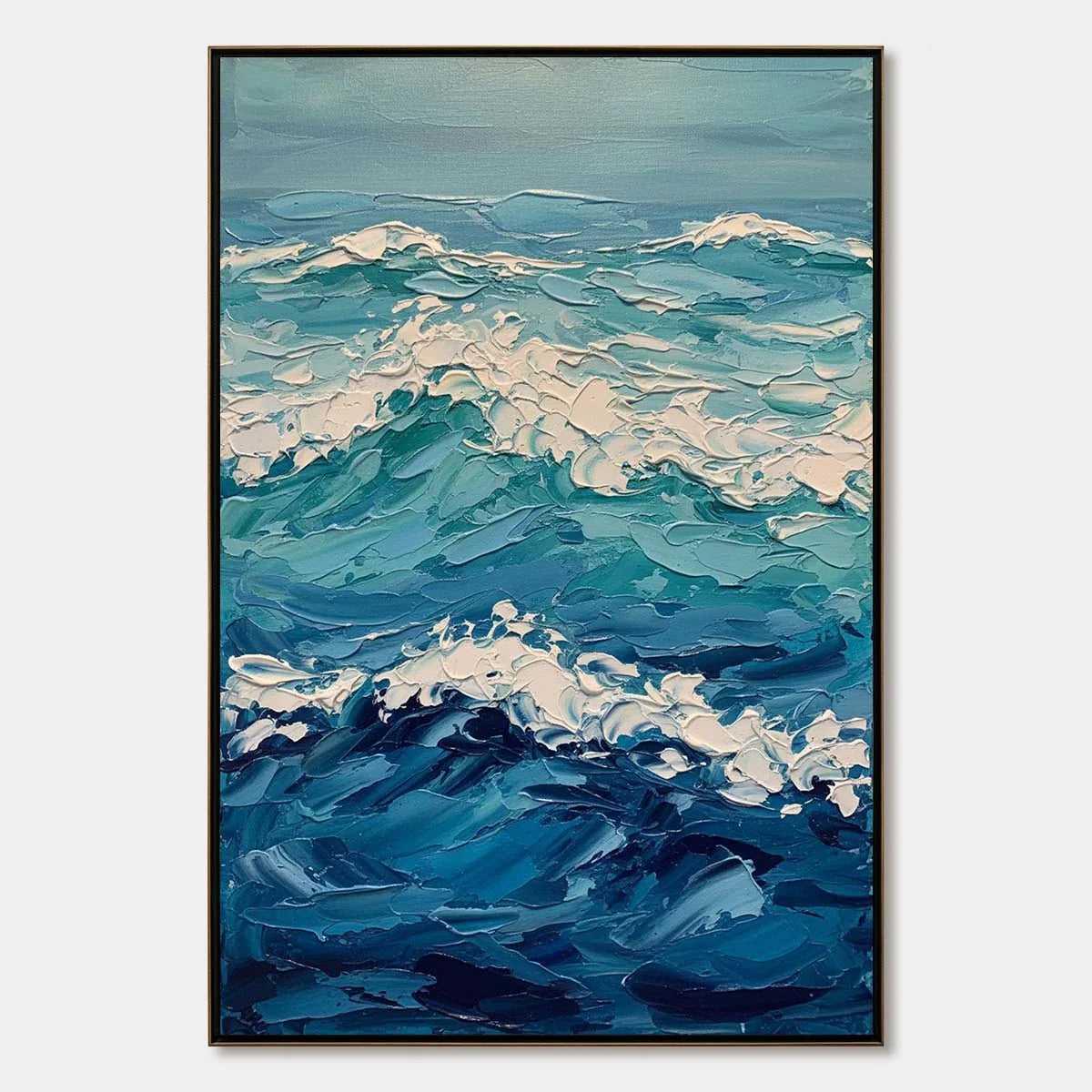 AZURE CREST: Textured Impasto Ocean Wave Wall Art | hanging in Textured impasto oil painting capturing a single cresting ocean wave in cool blue, teal, and white tones with heavy palette-knife text...