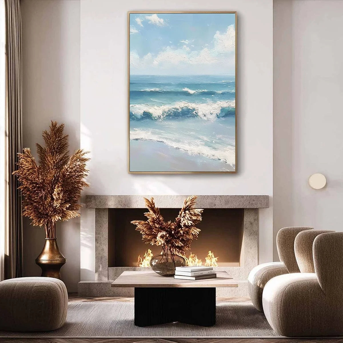 AZURE CREST: Textured Impasto Seascape Oil Painting | gold frame stretched on neutral wall