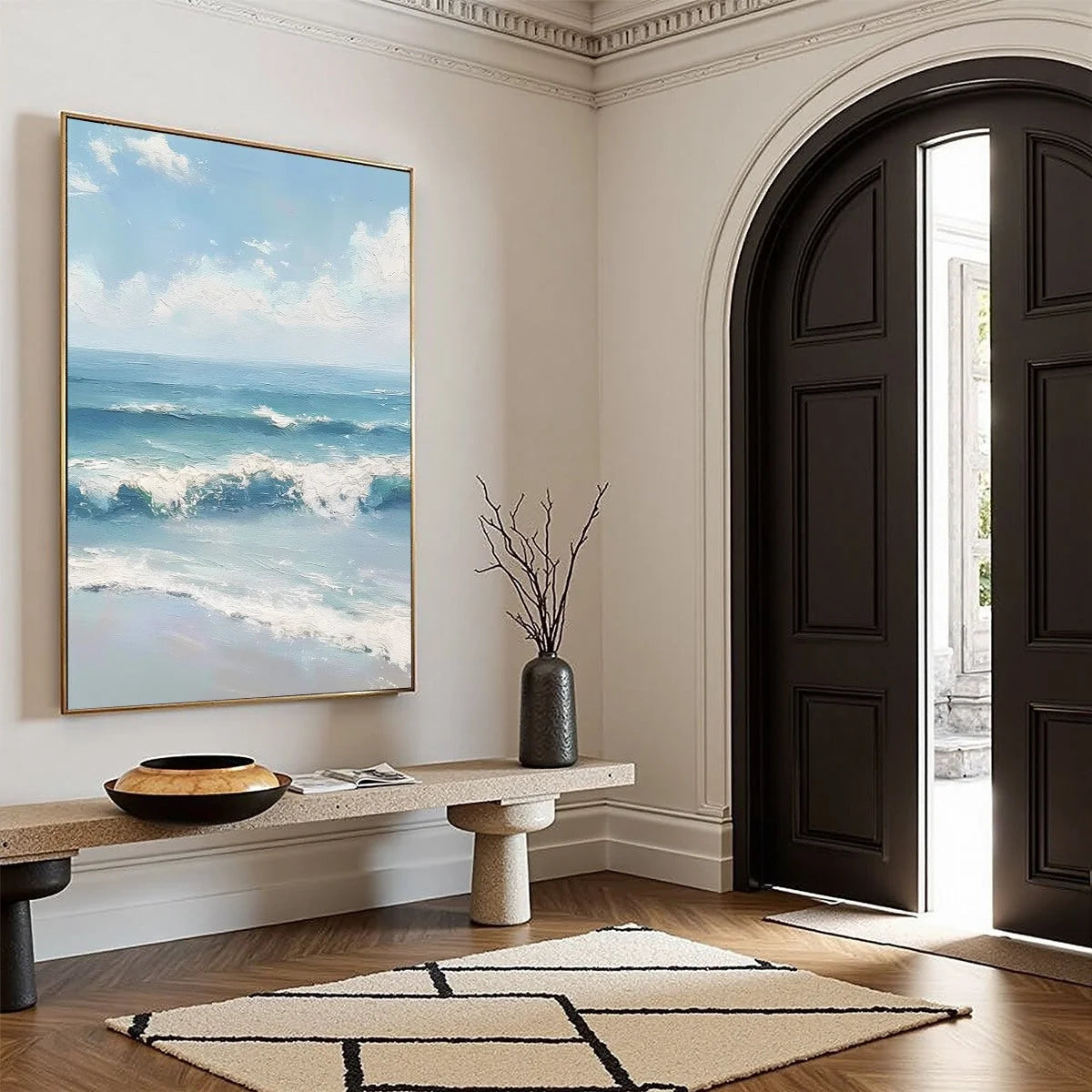 AZURE CREST: Textured Impasto Seascape Oil Painting | black frame version on white wall