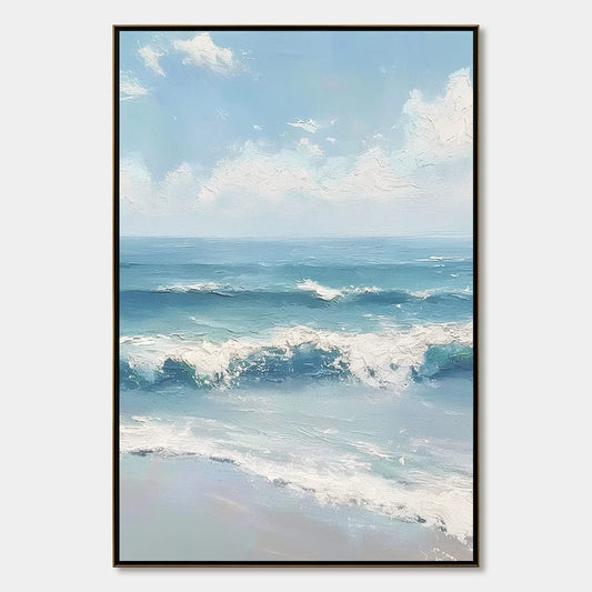 AZURE CREST: Textured Impasto Seascape Oil Painting | hanging in Textured impasto seascape rendered in rolling blue, teal, and aqua tones with thick palette-knife texture that suggests a vast open ...